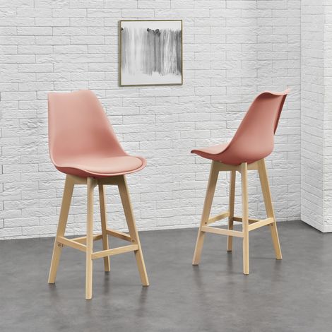 Set di 6 Sgabelli da Bar 6 Sedie Alta con Gambe di Legno Massello di Faggio con Poggiapiedi Seduta Imbottita Cucina/Bar/Ristorante - Rosa (1/5)