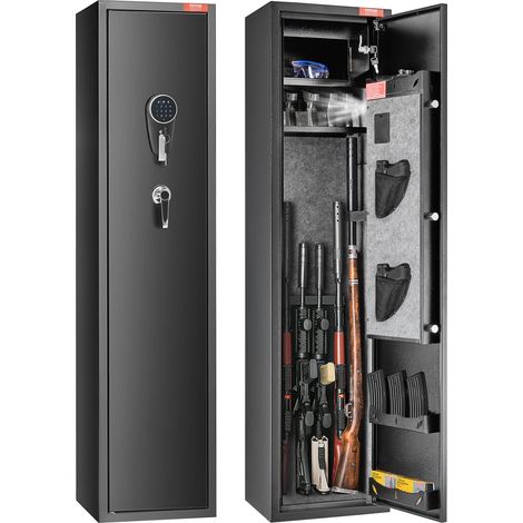 Armoire à 6 Fusils, Coffre-Fort pour Armes à Feu avec 2 Façons de Verrouillage Clavier Numérique et Clés, avec Casier Intégré et Étagère Amovible, pour Rangements des Armes Longues, Maison