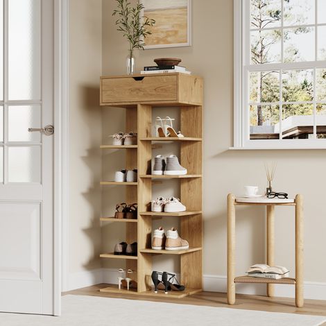 Scarpiera aperta con cassetto, contenitore multilivello, effetto legno naturale 55x33x133 cm (1/5)
