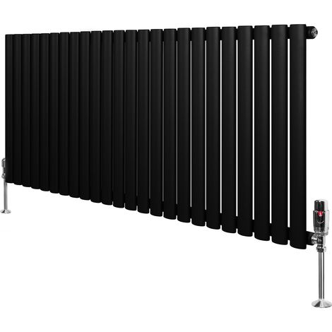 Radiateur à Colonnes Ovales & Vannes 1 Panneau 600 x 1440 mm en Acier Carbone Noir Chauffage Centrale Moderne Horizontale Monté Sur Mur Cuisine [Brosse de Nettoyage & Supports INCLUSES]