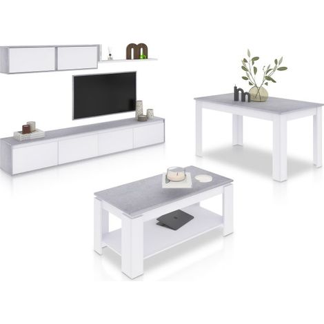 Pack salón con mesa de centro y mesa de comedor Arlet Max Blanco Artik (Blanco Mate) - Gris Cemento (ancho) x 43cm (alto)