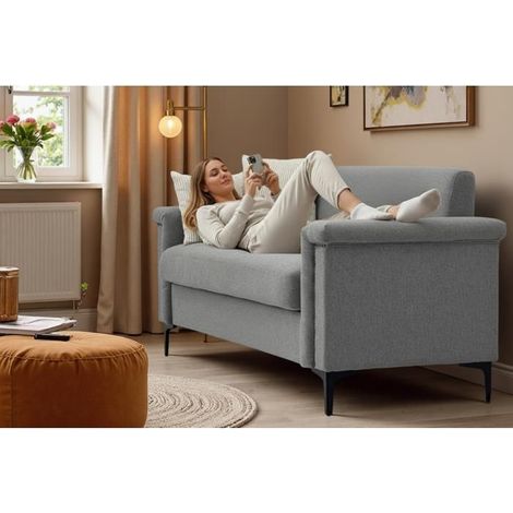 Canapé 2 places scandinave gris clair en lin, structure bois massif, pieds métal 172 cm (1/4)