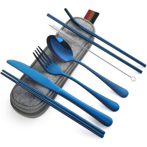 Ménagère 8 pièces ANNEFLY Couverts de table Ustensile Portable Couvert Couverts Portables Couvert Camping-Bleu (1/5)