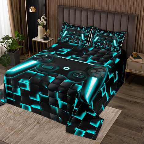 Jeu Couvre-Lit 240x220 Dessus de Lit Garçons Enfants Géométrique Console de Jeu Couverture de Lit Cyan Noir Plaid Poignée de Jeu Jetés de Lit Neon Console de Jeu Décoration de Chambre - 240x220cm (1/5)