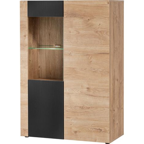 Meuble de Rangement Bas Rainuré "Aron" 132cm Naturel & Noir