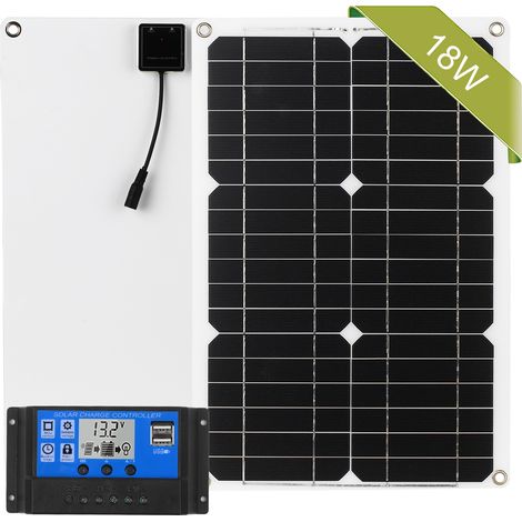Kit Panneau Solaire 18W 12V Double Port USB Hors Réseau Monocristallin avec Régulateur de Charge Câble SAE