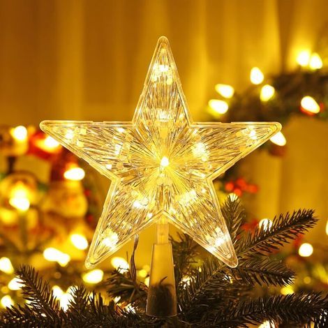 Stella per puntale dell'albero di Natale, 20 LED, 19 cm, luce bianca calda, luci natalizie a forma di stella, alimentate a batteria, lampada a pentagramma per decorazioni natalizie interne ed esterne, (1/4)