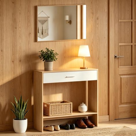 DESMIU Console d'entrée avec miroir mural, 1 tiroir et étagère ouverte, pour entrée, en panneaux de particules, naturel (1/5)