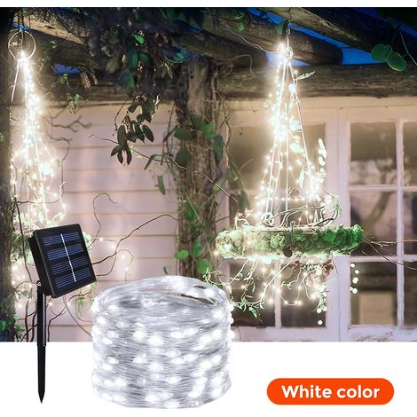 (Blanc, 22 m, 200 LED) Guirlande lumineuse solaire extérieure à deux brins, fil de cuivre, étanche, allumage automatique. (1/4)