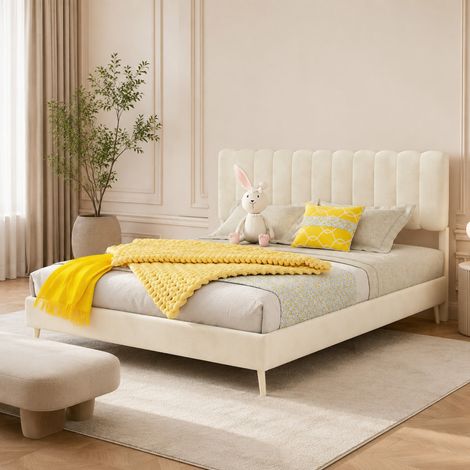 DESMIU Lit 140 × 200 cm 2 places en velours, tête de lit rembourrée, sans matelas, beige (1/5)