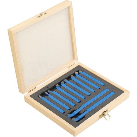 Lot de 11 outils de tournage en carbure de tungstène 8 x 8 mm - Pour tourner, fraiser, couper - Jeu d'outils de tournage - Burin à plaque réversible - Pointe en carbure - Avec coffret en bois (1/5)