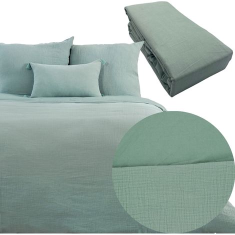 Parure 260x240 gaze de coton AMANDE + DH OBIO vert 140x190 à 200 (1/4)