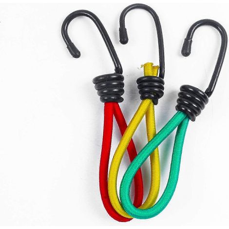 Lot de 3 cordes élastiques avec crochets pour tente de camping. Tendeur robuste et polyvalent pour haubanage, fixation et maintien en extérieur. Haute qualité. (1/5)