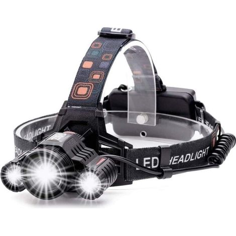 Lampe frontale LED rechargeable, puissante, 4 modes, 3 LED CREE XML-T6, étanche, zoomable, avec câble USB et 2 batteries, idéale pour le camping, la pêche et la chasse. (1/5)