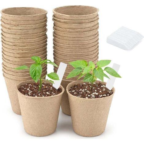 50 Pièces 6CM Pot de Culture Biodegradable pour Semis, Peti Pot pour Plantation, avec 50 5x1 cm Etiquette Plante (1/4)