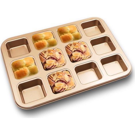 12 Mini-bakvorm cakes, mini langwerpige taartvorm, anti-aanbak, mini-cakevorm, browniebakvorm voor muffin, cake, broodjes, staal (goud) (1/5)