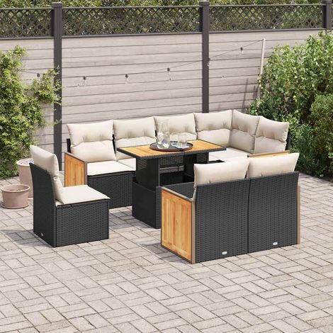 Set sofás jardín y cojines 9 pzas ratán sintético acacia negro vidaXL (1/5)