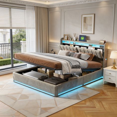 Lit coffre 160 x 200, lit 160x200 avec sommier, cadre de lit, avec LED, coffre hydraulique, avec tete de lit, gris, velours (1/5)