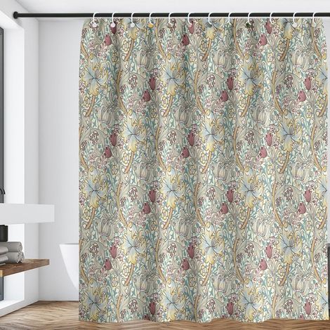 William Morris – Rideau de douche avec motif abstrait, motif floral, fleurs sauvages colorées au printemps, herbes vertes, plantes, nature, rideau de douche avec crochets, 180 x 180 cm (1/5)