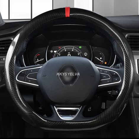 (Forme D 38 cm) Housse de volant en cuir et fibre de carbone 37-38 cm, compatible avec Renault Clio 2, 3, 4 et 5. Accessoires auto en cuir. (1/5)