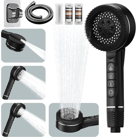 Pommeau deouche Haute Pression,Pommeau Douche Economie Deau 3 Types de Jets high pressure shower head Anti Calcaire avec Tuyau Douche 1.5M et Support de Douche,avec Bouton D'arrêt D'eau,Noir (1/5)