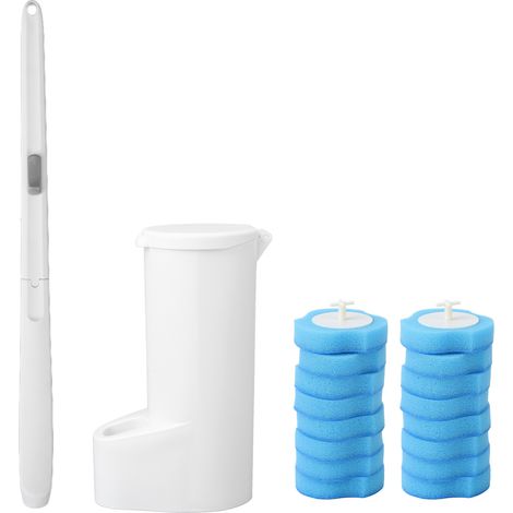 Lot hygiénique jetable 16 pièces avec têtes éponge rechargeables, manche long et support mural pour nettoyage toilettes et salle de bain. (1/5)