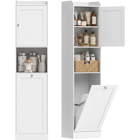 Armoire de salle de bain haute avec panier pliable et étagères, 40 x 30 x 170 cm, blanche (1/5)