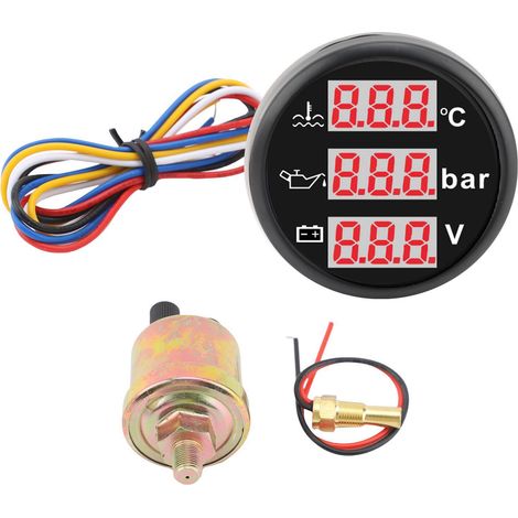 Ortviai Jauge 3-en-1 pour Voiture et Bateau – Température Liquide Refroidissement, Pression Huile, Tension Batterie – Écran Numérique Rouge 52 mm (1/5)