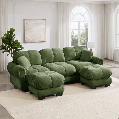Canapé modulable en U vert en chenille avec ottomane mobile et coussins décoratifs (1/5)