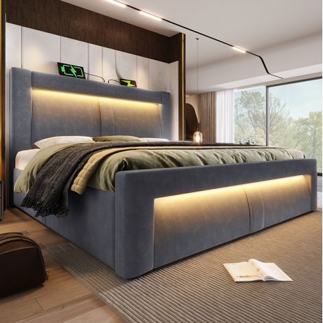 DESVIAE Lit double 180 x 200 cm avec rangement hydraulique LED USB Type C tête de lit incurvée en velours gris (1/5)