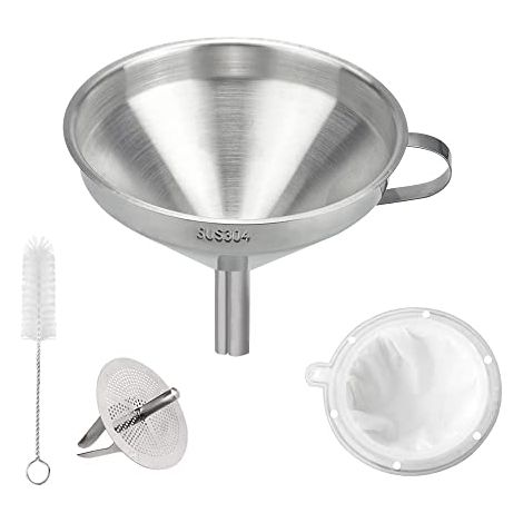 13 cm Edelstahltrichter mit Griff + 300-Mesh-Filter + herausnehmbares Sieb + Küchenreinigungsbürste - Metalltrichter-Set für Marmelade, Öl, Wein, Flüssigkeiten (1/5)