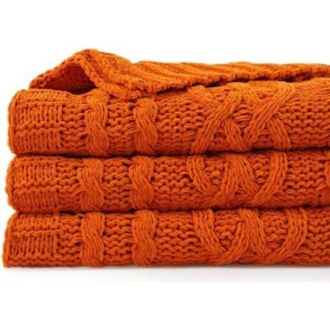 Couverture orange 130 x 170 cm Couverture chaude d'automne pour canapé, couverture d'Halloween, couverture en tricot chenille tissé, super douce, confortable, couverture décorative d'automne