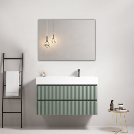 Mobile bagno sospeso cannettato 100 cm Verde Salvia Lavabo a Destra in Resina Specchio Quadro - Fiji Paint (1/4)