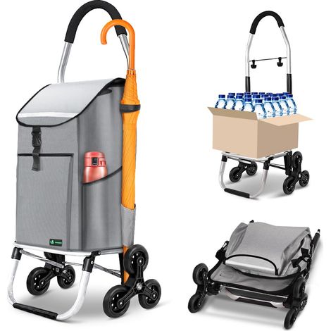 Chariot de Courses 6 Roues en Aluminium avec Compartiment Impermeable Isotherme et Crochets Caddie de Courses Pliable 3 en 1 Sac Chariot Montant Escalier Gris (1/5)