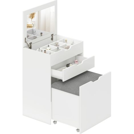 Coiffeuse Blanche en Bois avec Miroir, Tiroir et Tabouret Assorti pour Chambre à Coucher (1/5)