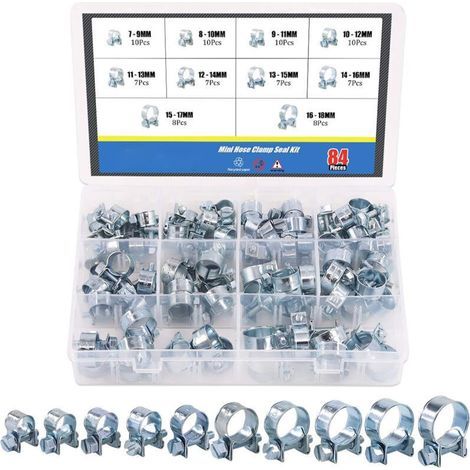 Pack of 84 Mini Hose Clamps for Fuel Lines, Diesel and Gasoline, Assorted 10 sizes (1/4)