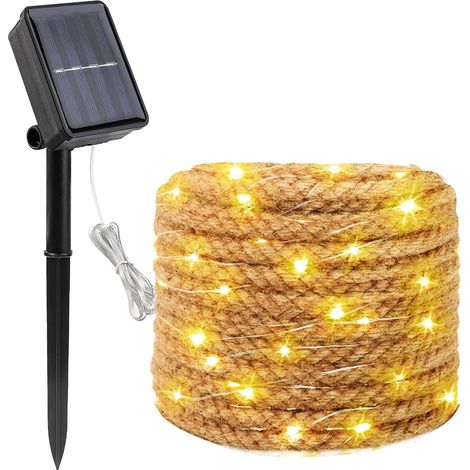 Corde de Guirlande Lumineuse Solaire Exterieure: 7M 100 LED Guirlande Solaire en Sisal 8 Modes Étanche Lampe Décoratives pour Jardin Clôture Terrasse Balcon Anniversaire Mariage, Blanc Chaud (1/5)