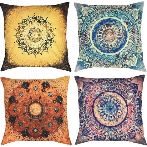 Lot de 4 Housses de coussin, Coton et lin, Motif mandala, 45x45 cm, Pour salon, chambre (1/5)