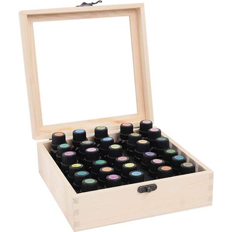 Boîte en bois ranger 30 flacons huiles essentielles, coffret de rangement 5-15ml, mallette de transport avec compartiments, organiseur robuste pour aromathérapie (1/5)