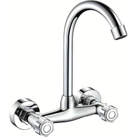 Robinet de cuisine mural tout cuivre avec eau chaude et froide pour éviers, lavabos et bacs à vaisselle de balcon - Mitigeur avec corps en alliage et grand coude de 18 mm.