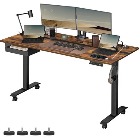 Bureau électrique réglable en hauteur bureau assis-debout surface 60 x 120 cm réglable en continu fonction mémoire de 4 hauteurs marron rustique et noir