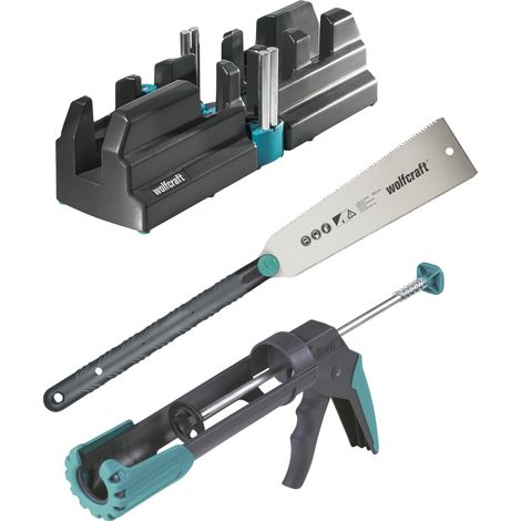 wolfcraft - Kit Fausse Équerre et Boite à Onglet. Scie Japonaise et Pistolet à Cartouche. Pression 130 kg - réf. 6977000