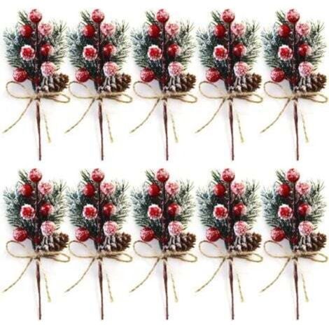 [JAMAIS UTILISÉ] Lot de 10 tiges de Baies de Noël Rouges de 20 cm - Petits Pics et Sprays de Noël artificiels avec Pommes de pin, Houx, Baies de Noël, décorations de Fleurs pour couronnes de Noël (1/4)