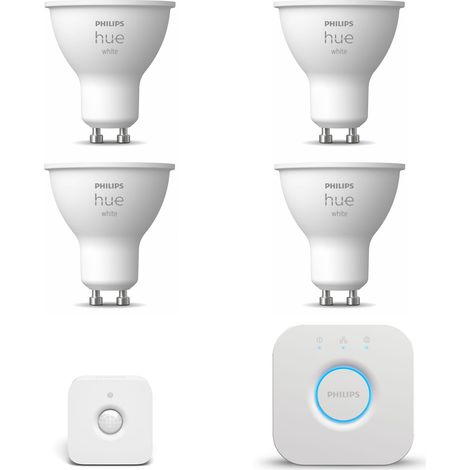 Philips Hue Kit de démarrage GU10 avec 4 Spots LED Lumière blanche chaude - Comprend 1 Bridge, 1 détecteur de mouvement pour l'intérieur - White (1/5)