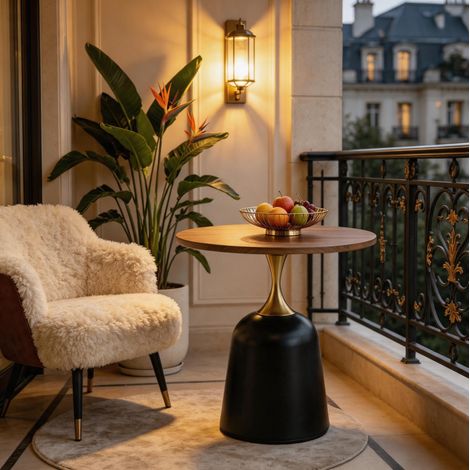 Table d'appoint ronde 60 cm noyer et noir en mélamine avec base métal stable (1/5)
