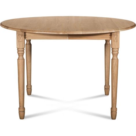 Hellin – Table ronde extensible en chêne massif 105 cm – 1 allonge centrale – 10 personnes – Pieds tournés – Finitions patinées chêne, noir, blanc