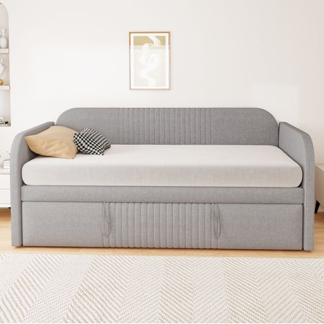 Letto estraibile 90/180x190 cm in grigio chiaro con tessuto lino e rete a doghe (1/5)