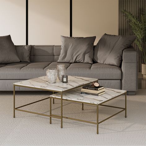 Tavolino da divano Ramio, Bianco/Oro, 80 x 80 cm 2 parti, Vicco