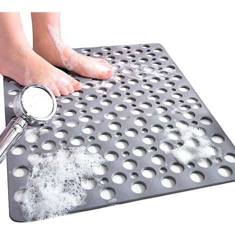 Tapis de douche carré antidérapant et anti-moisissure, 75 x 43 cm, en caoutchouc, avec trous d'évacuation, lavable en machine, gris (1/5)