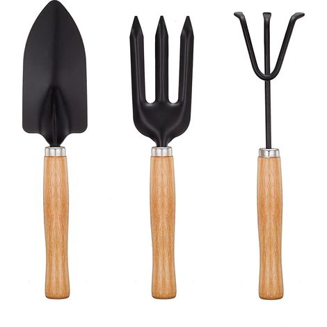 Mini-kit d'outils de jardin, comprenant une pelle, une truelle et un cultivateur, ainsi qu'une fourche en métal noir et un manche en bois. Outils manuels pour le repiquage, le désherbage, le bêchage, (1/5)